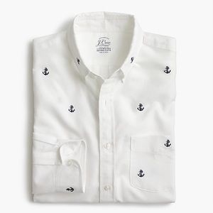 J. Crew White Button-Down Shirt with Navy Anchor Embroidery